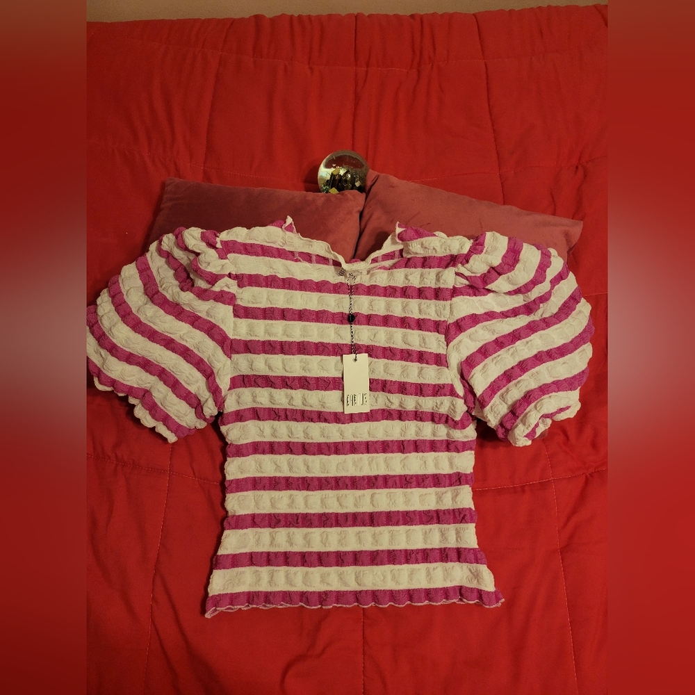 Striped Pink & White Puff Sleeve Top